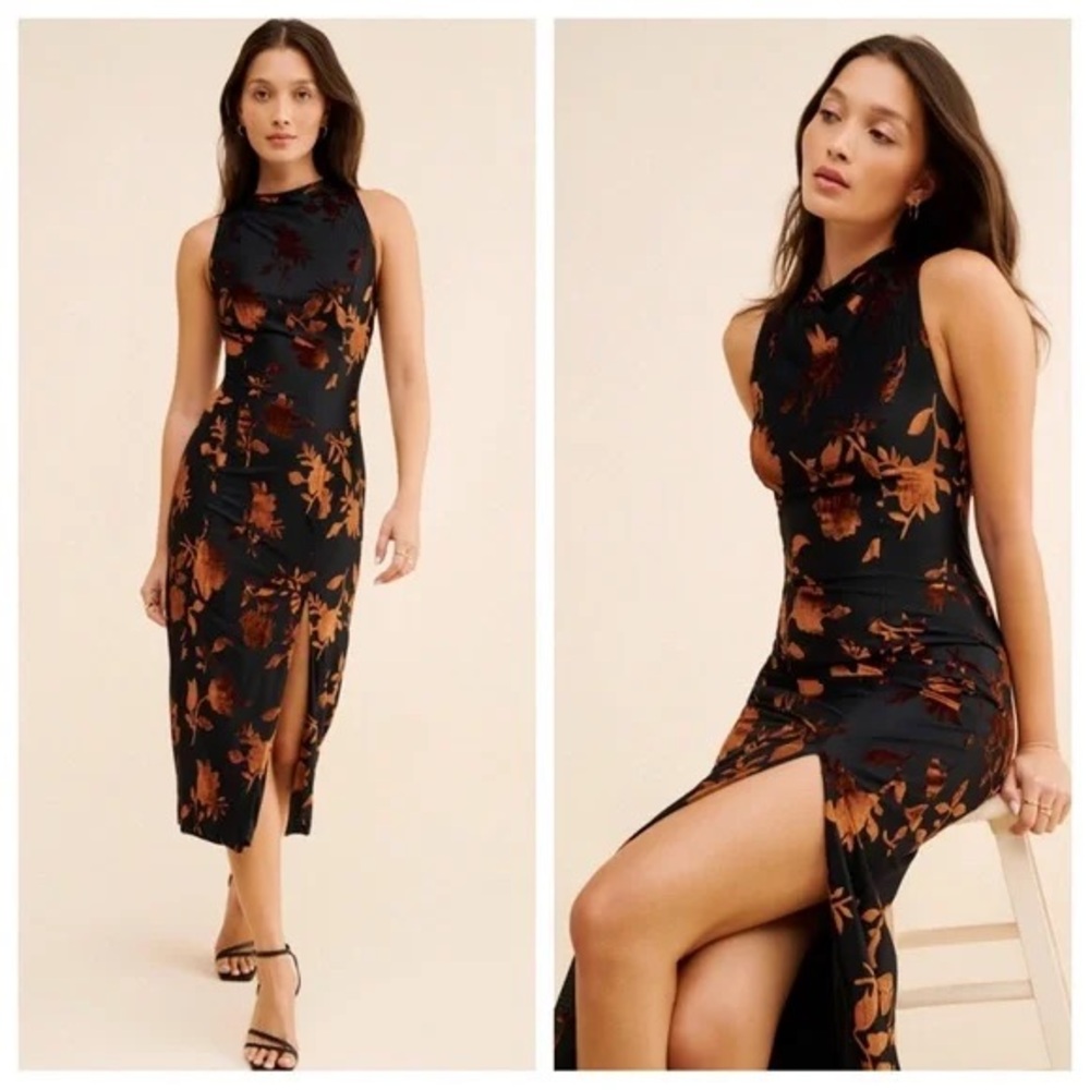 Floral Sleeveless Black & Copper Midi Dress